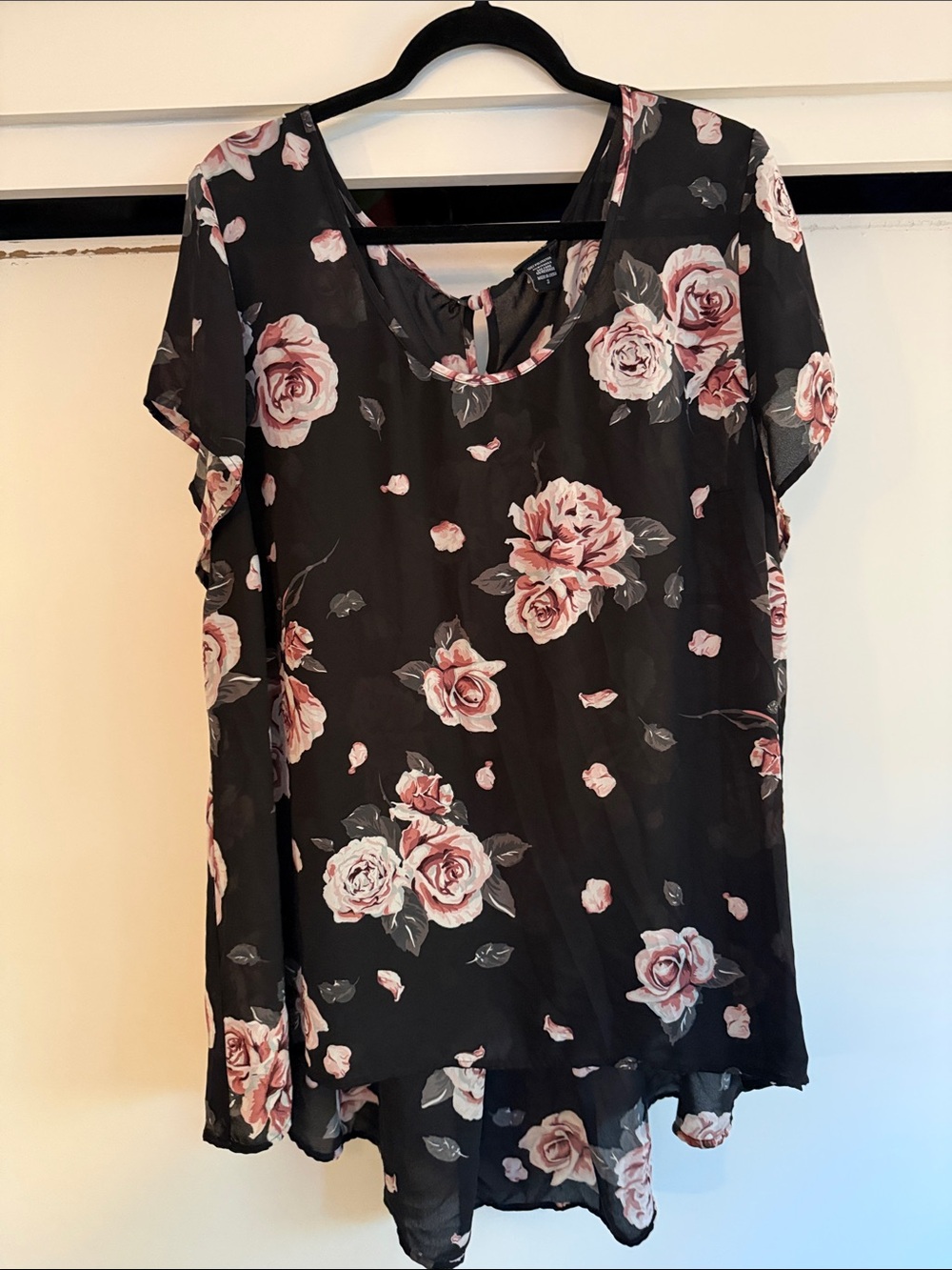 torrid Black Chiffon Floral Scoop Neck Top with Pink Roses